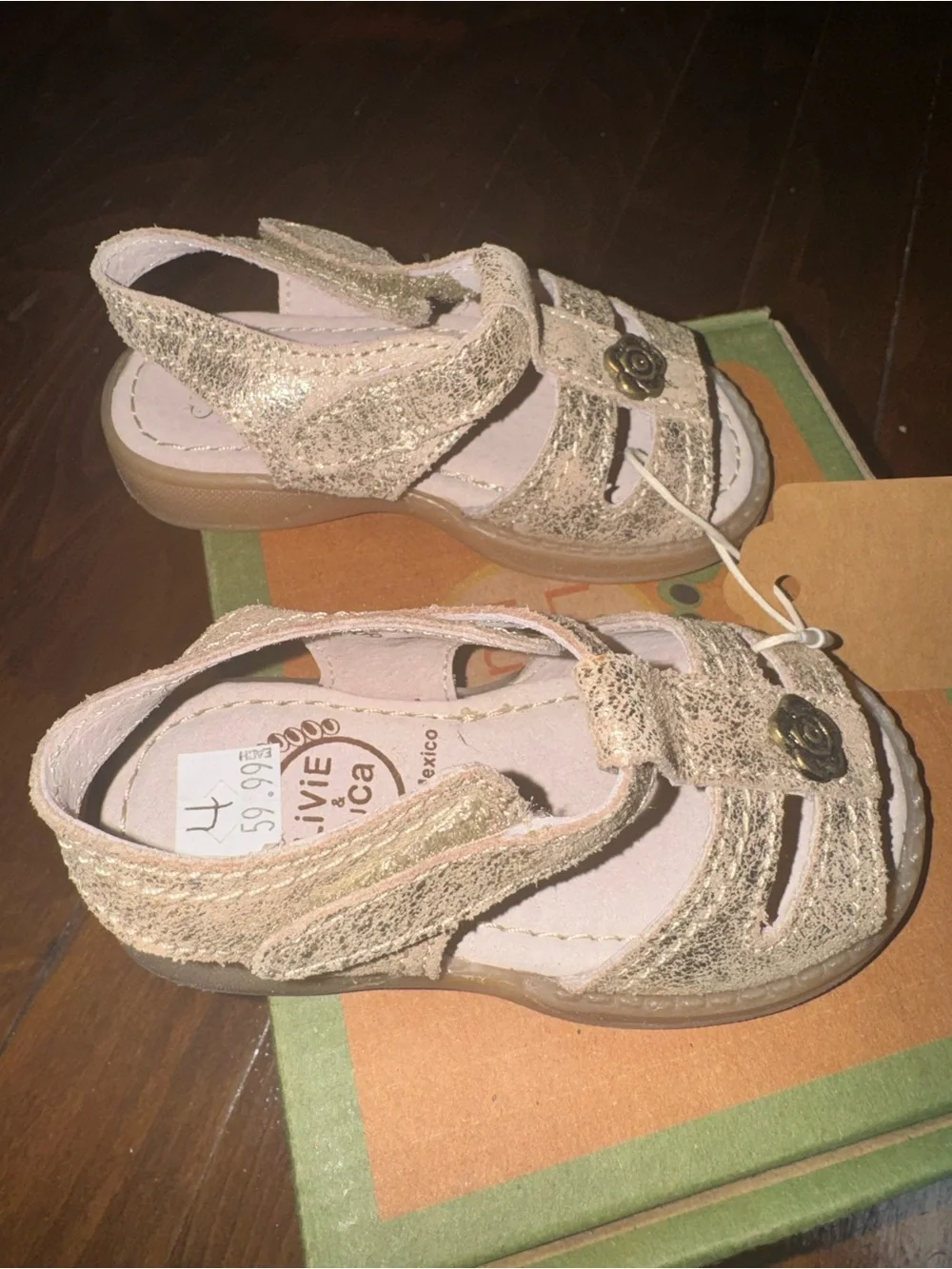 Livie & Luca Girls' Gold Glitter Flower Strap Sandals